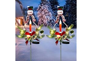 Doingart 2 Pack Solar Christmas Light Outdoor Decoration Clearance, LED Candle, Snowman Christmas Light with Faux Pine Cones, Foliage Accents Garden Decorative Stake