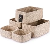 VIRETH HAUS 5-Pack Small Woven Rope Storage Baskets, 2 Sizes Organizer Bins | Fabric Cube Boxes and Rectangular Shallow Bins for Closet, Shelf, Bookshelf, Nursery, Changing Table, Bathroom, Toys &amp; Home