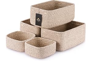VIRETH HAUS 5-Pack Small Woven Rope Storage Baskets – 2 Sizes Organizer Bins for Closet, Shelf, Bookshelf, Nursery, Changing Table, Fabric Cube Boxes, Rectangular Shallow Bins for Bathroom, Toy & Home