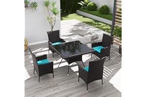 Kurapika 5-Piece Patio Furniture Outdoor Dining Set, Wicker Rattan Patio Dining Table and Chairs Set, Square Tempered Glass Tabletop and 4 Chair Set, Blue