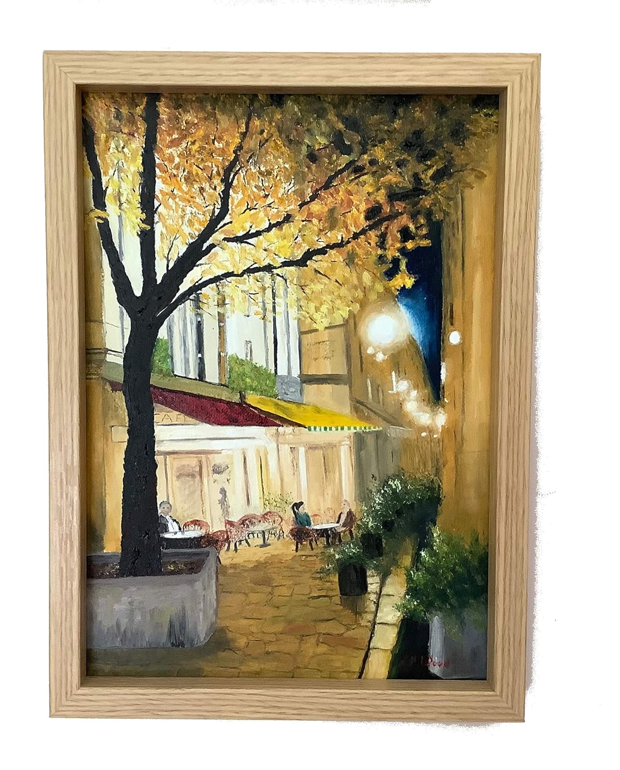 The street cafe, an original oil painting on canvas of a nighttime