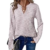 DERAX Women's Fall Waffle Knit Tops Long Sleeve Henley V Neck Dressy Casual Shirts Blouses 2025 Trendy Clothes Pink Purple S