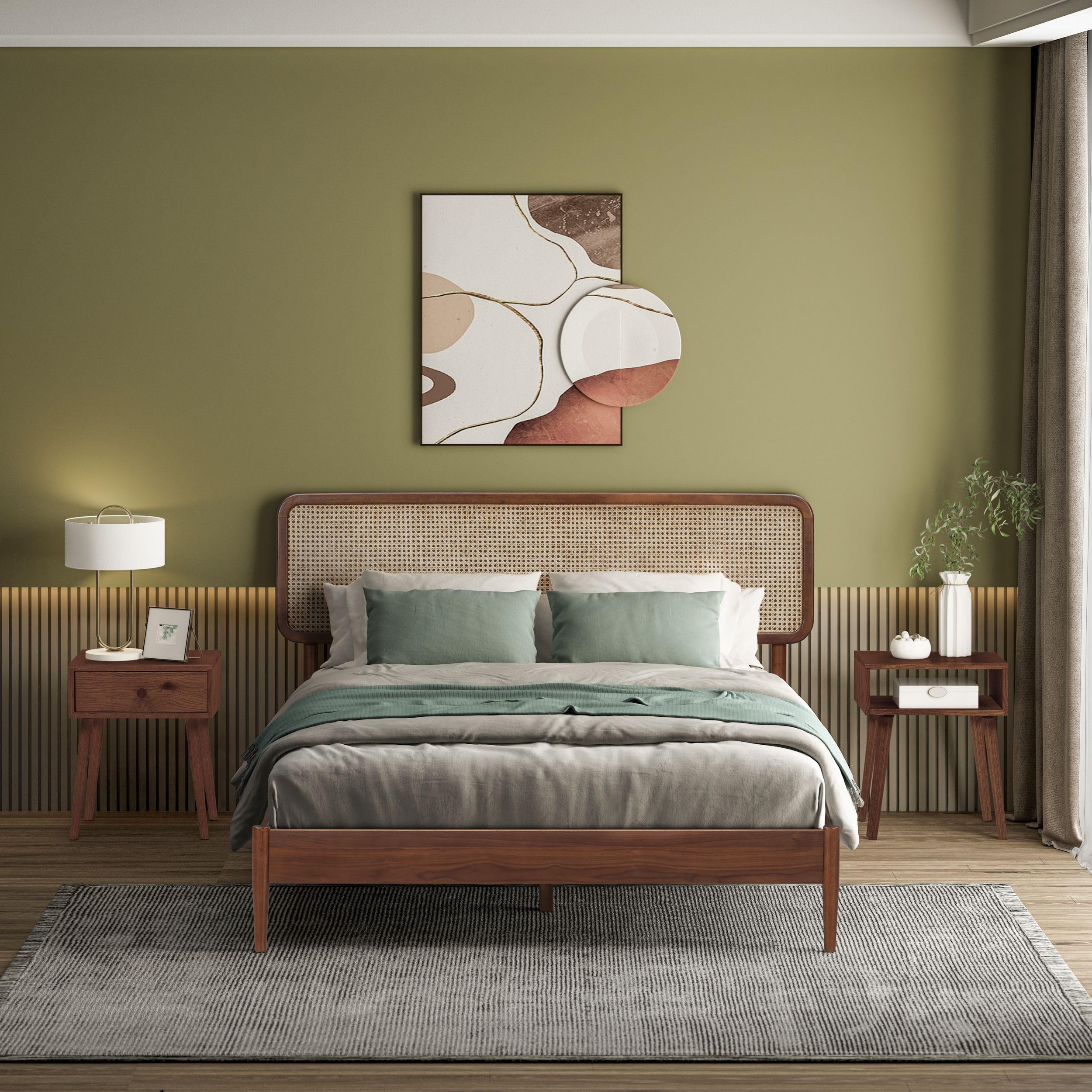 Photo 1 of **MISSING ASSSEMBLY PIECES*** NTC Lupin Wooden Bed Frame with Headboard and Natural Rattan, Solid Oak/Rubber Wood Foundation with Silent Slats, 1000 Lb Capacity, Effortless Assembly (Natural Cane - Dark Walnut, Queen)