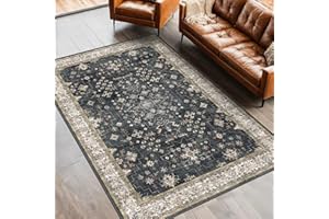 HAZO HAUS Black Boho Living Room Rug 5x7, Washable Dark Vintage Moody Low Pile Non Slip Carpet for Bedroom, Dinning Room, Office, Farmhouse, Retro Area Rug Indoor Decor (5x7 Black/Multi)