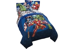 JAY FRANCO Marvel Avengers Blue Circle 4 Piece Twin Bed Set - Includes Reversible Comforter & Sheet Set - Super Soft Fade Resistant Polyester (Official Marvel Product)