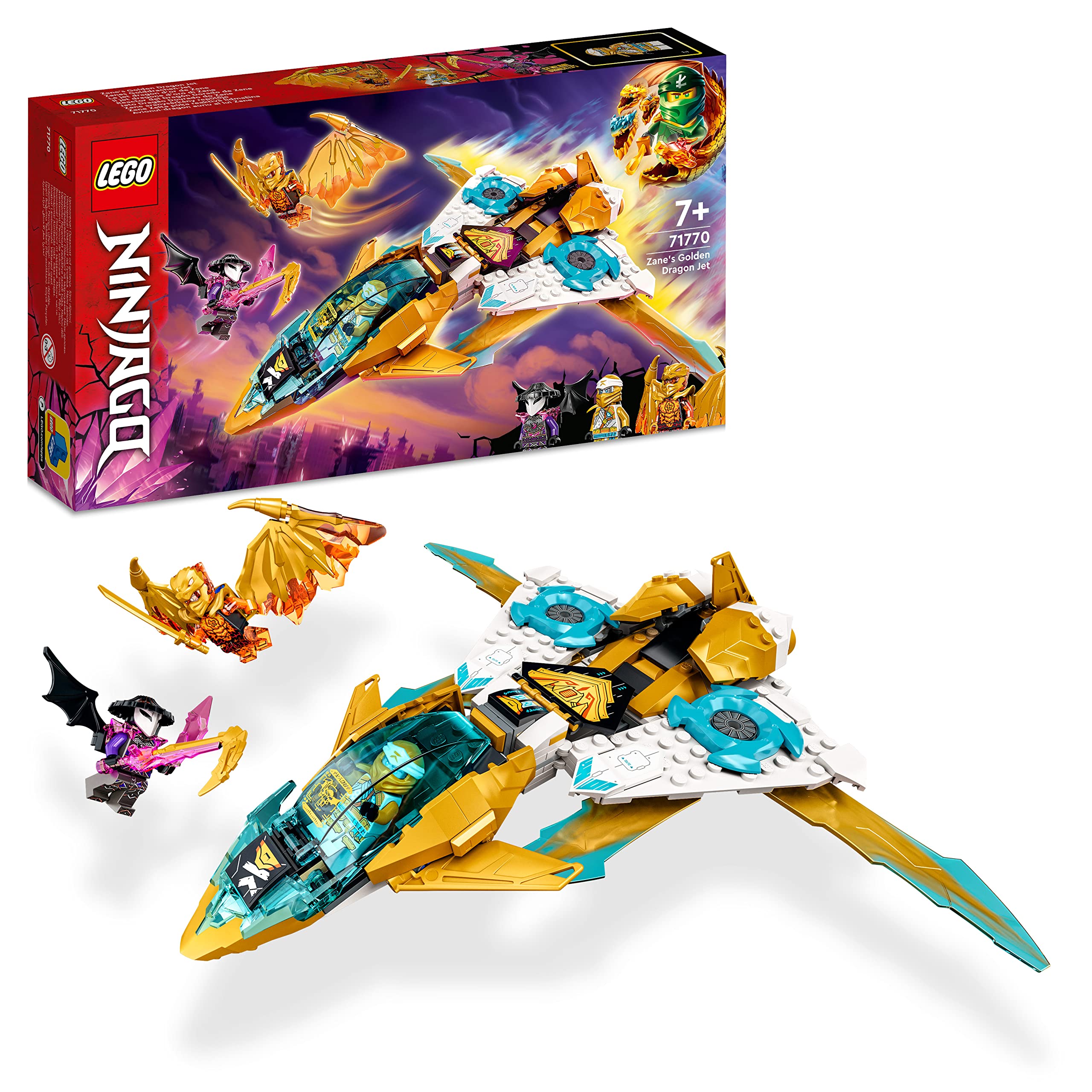 LEGO 71770 Ninijago Zane's Golden Dragon Jet, Toy Plane Set, Birthday Gift Idea for Kids, Boys and Girls 7 Plus Years Old with Cole and Zane Minifigures, Multicolor