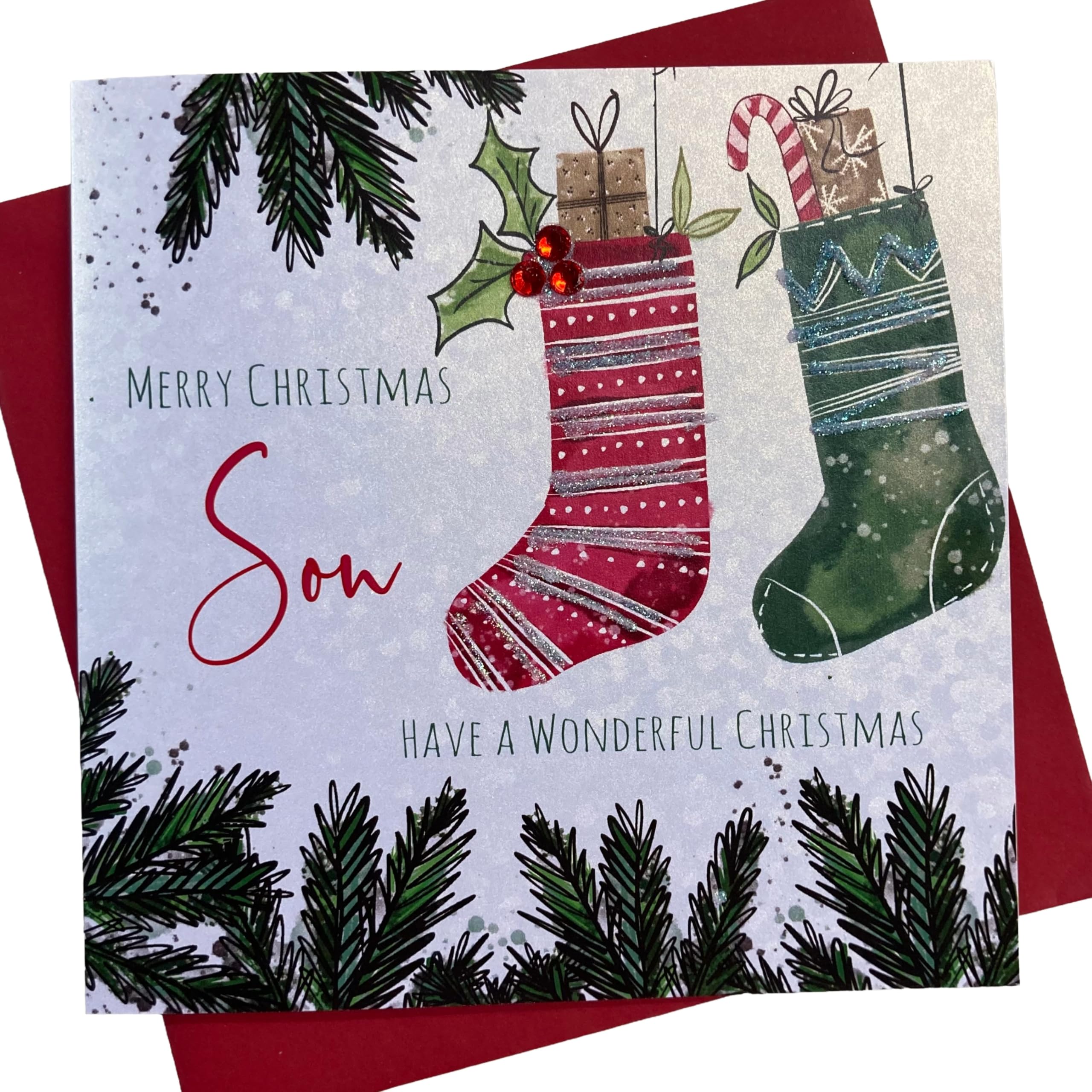 White Cotton Cards Merry Son Handmade Christmas Card (Blue Stocking Code cb17)