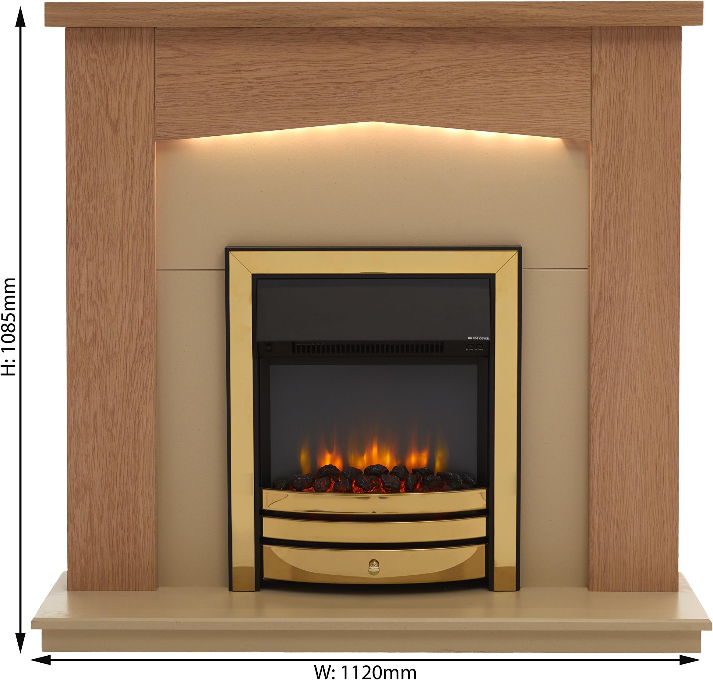 Linton Electric Fireplace Suite, 220/240Vac 1&2kW with Multi Function Remote Control in Light Oak veneered MDF Fireplace Suite. (Brass Trim & Fret)