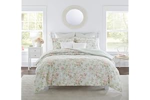 Laura Ashley Home - King Comforter Set, Reversible Cotton Bedding, Includes Matching Shams with Bonus Euro Shams & Throw Pillows (Madelynn Pastel Blue, King)