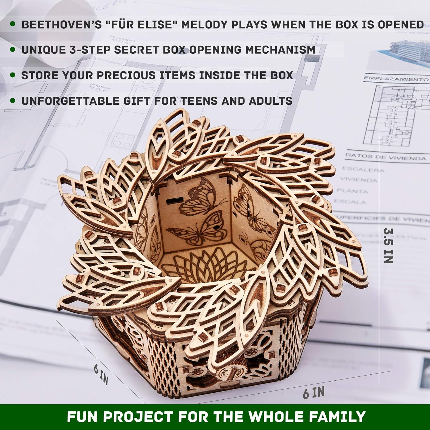 Wood Trick Für Elise Wooden Music Box Kit - Keepsake & Jewelry Box - 3D Wooden Puzzle for Adults and Kids to Build - DIY - Image 4