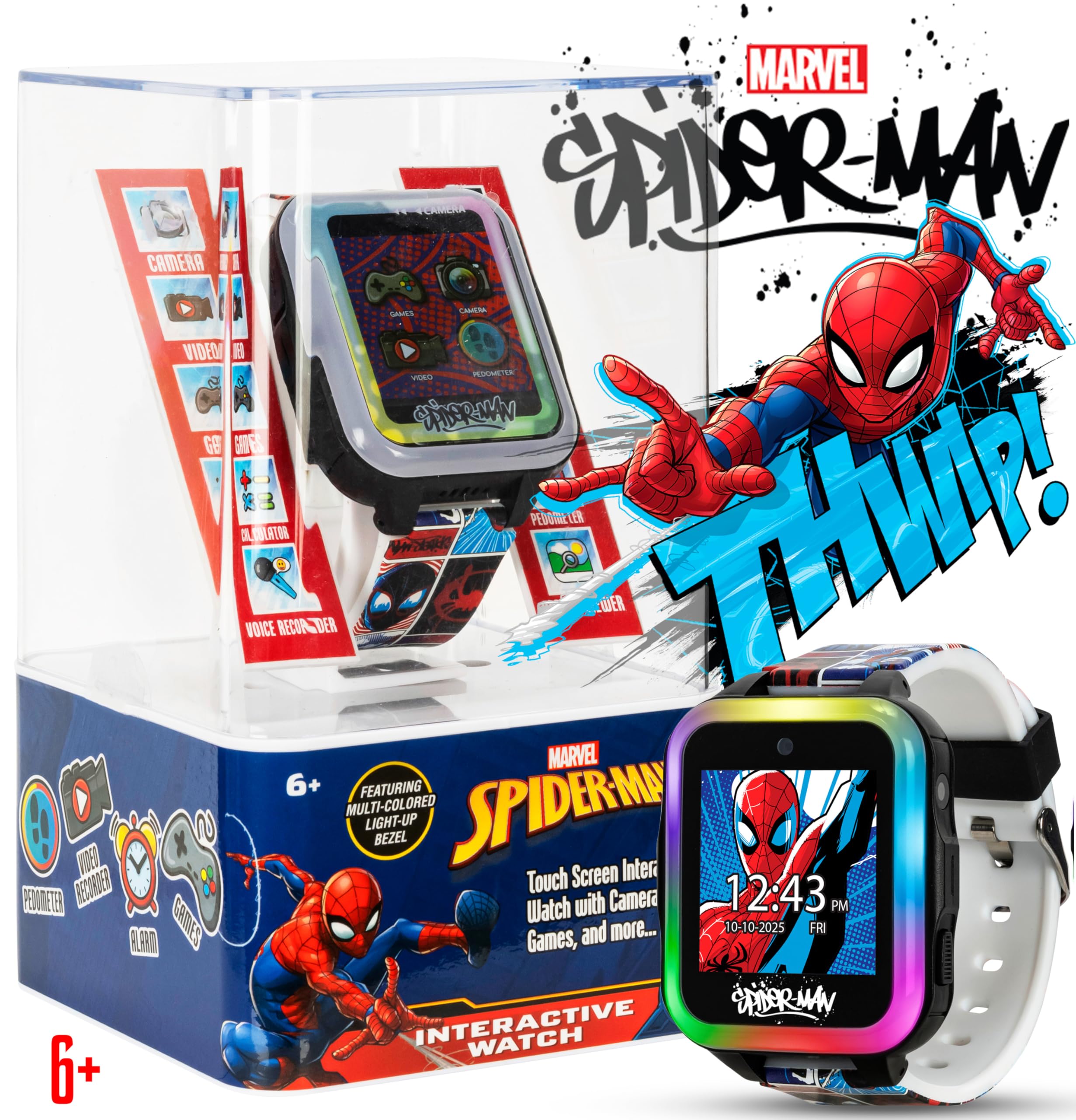 Accutime Marvel Spider-Man Kids Smart Watch with Touchscreen Camera Games Voice Recorder Flashing Bezel Alarm Stopwatch Step Counter Printed Silicone Band Fits Wrist Sizes 5.5” to 8”