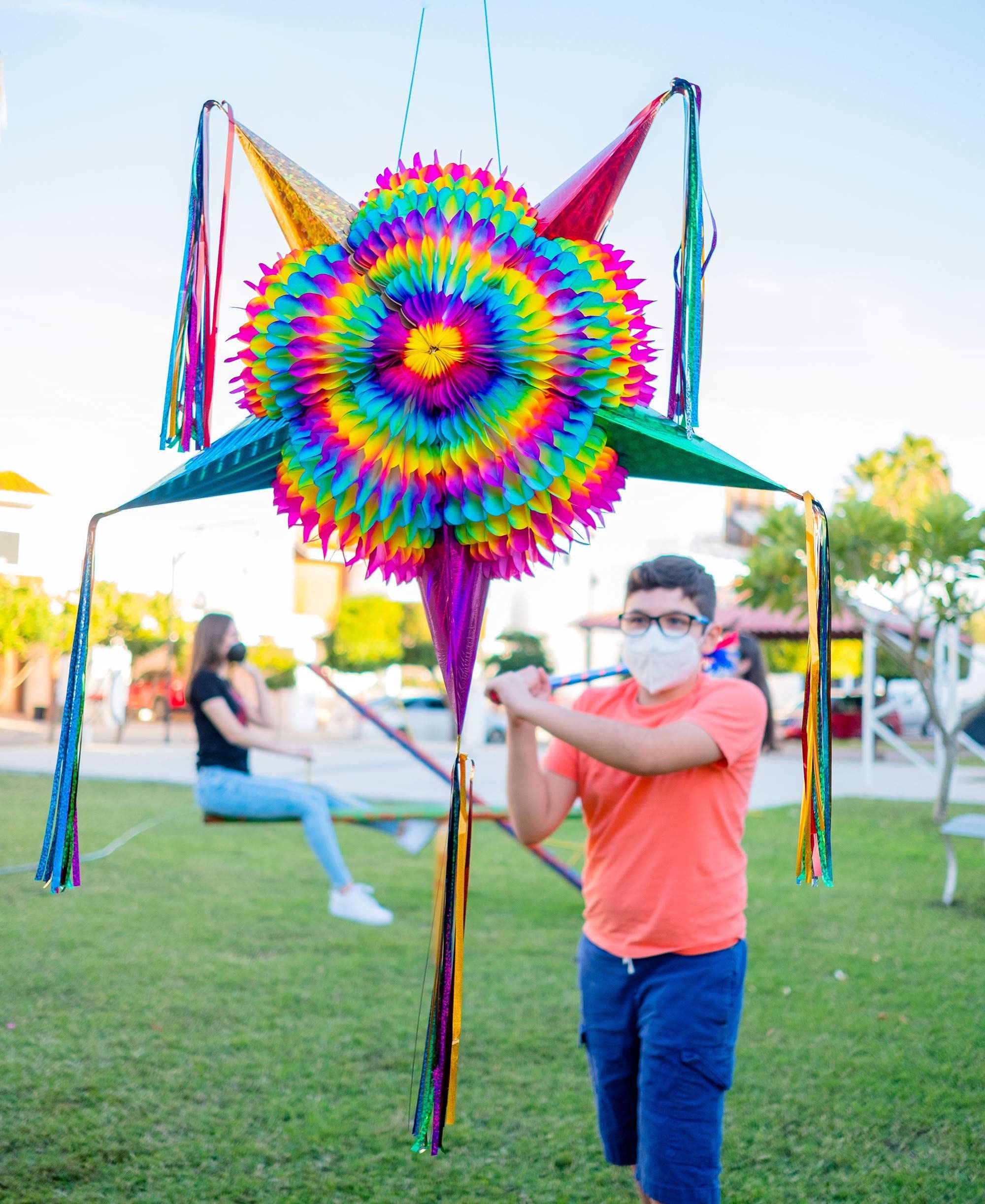 Celly Party Mexican Star Pinata, 32 Inch Large Rainbow Pinata, Foldable Fiesta Decoration for Kids Birthday, Cinco de Mayo, Dia de Los Muertos
