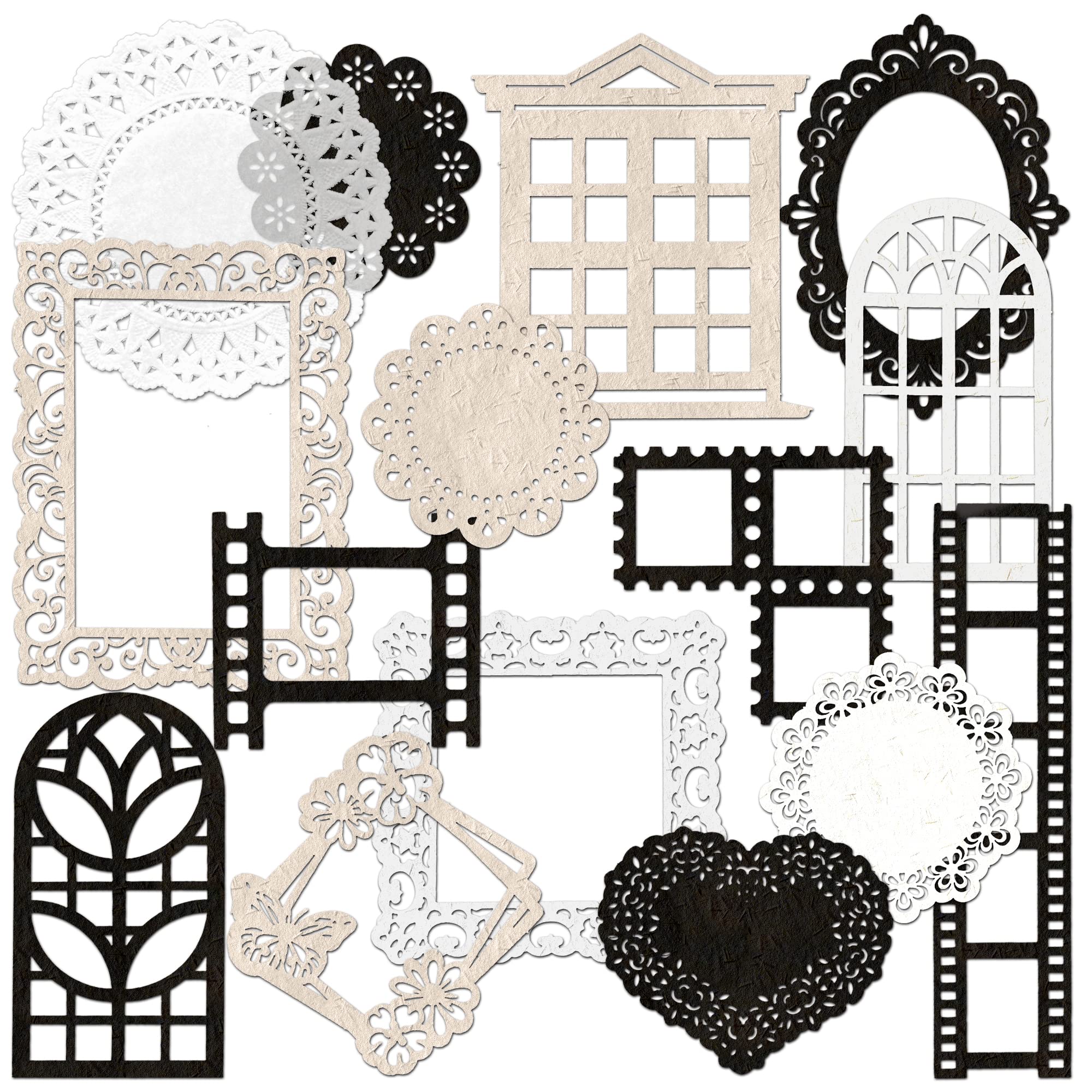 Mayplous Vintage Scrapbook Embellishments - 4 Pack Doily, Window Frame & Film Cutouts for Card Making, Photo Albums | Decorative Paper for Journals & DIY Crafts (Silence)