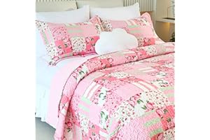 Cmfshape Floral Bedspread with 2 Pillow Shams-King Size,Patchwork Pink Quilt Set 3 Piece,Summer Quilt for Girls,Lightweight Reversible Bed Coverlet for All Seasons(King106 x96 Pink)