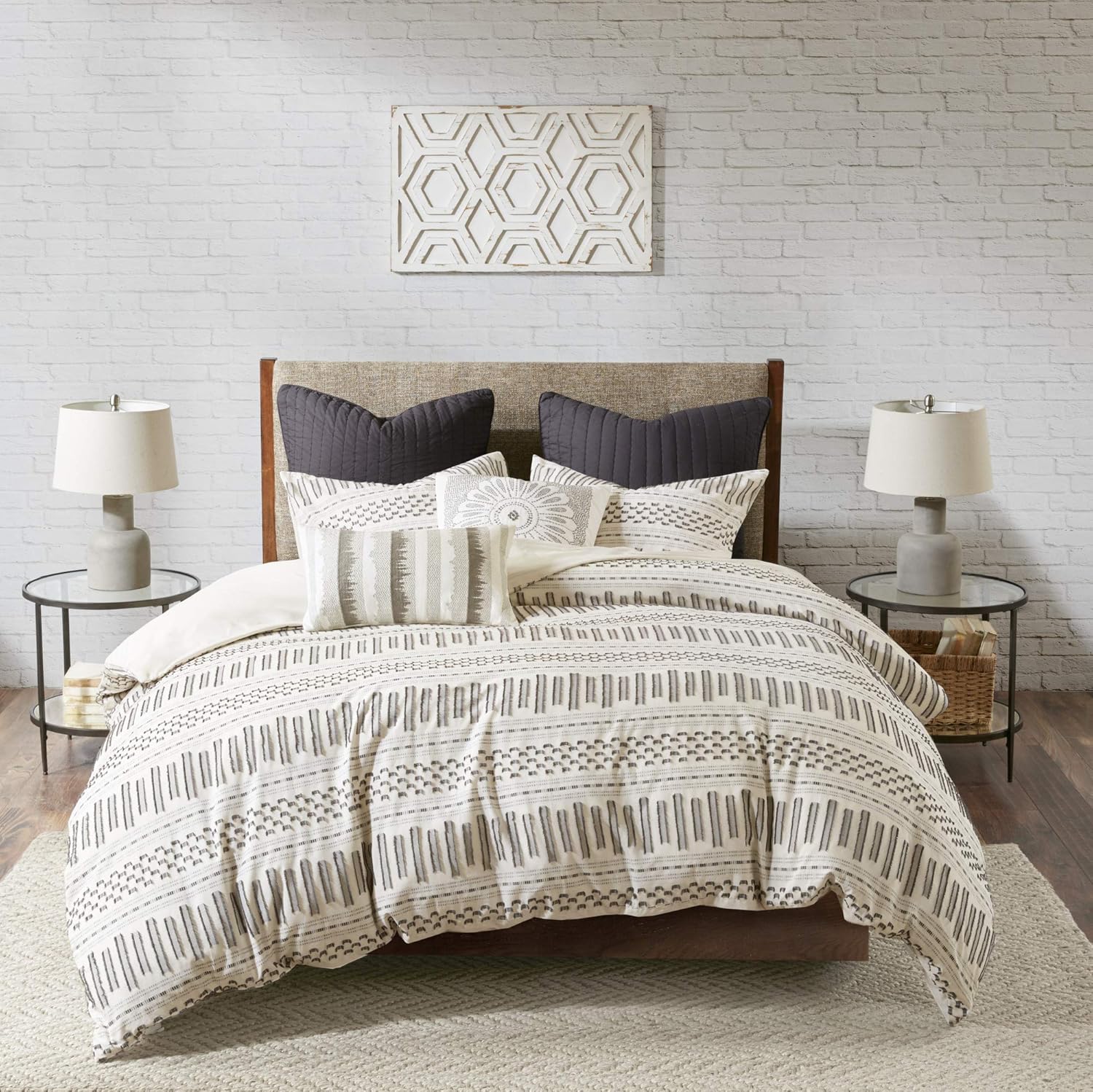INK+IVY 100% Cotton Duvet Mid Century Modern Design All Season Comforter Cover Bedding Set, Matching Shams, Full/Queen(88"x92"), Rhea, Ivory Geometric Clipped Jacquard: Home & Kitchen
