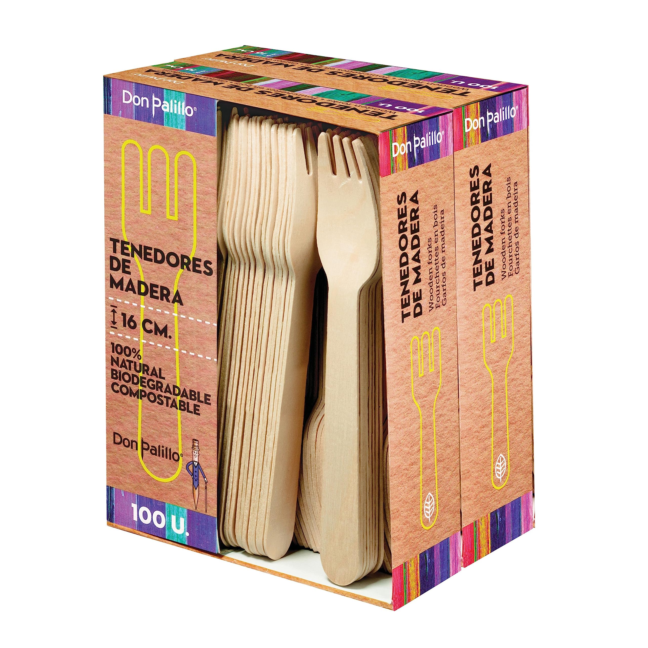 DON PALILLO - 200 disposable wooden forks, 16 cm. 100% natural, eco-friendly, biodegradable