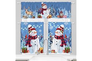 pinata Christmas Kitchen Curtains for Windows 3 Piece Set, Snowman Kitchen Christmas Decorations for Home Indoor, Blue Farmhouse Valance Curtain Decor, Deer Winter Short Window Curtain 24 Inch