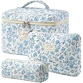 HBselect Quilted Makeup Bag, 3PCS Cotton Large Travel Makeup Bag, Cute Floral Coquette Make up Bag Cosmetic Bag Toiletry Bag for Women Girls