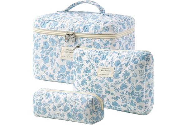 HBselect 3 PCS Quilted Makeup Bag, Cotton Large Travel Makeup Bag, Cute Floral Coquette Make up Bag Cosmetic Bag Toiletry Bag