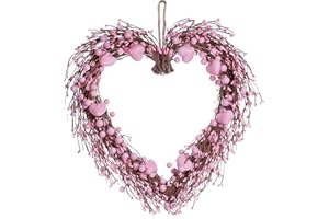 JINGHONG Pink Valentine's Day Wreath 15 Inch Artificial Heart Shaped Wreath with Pink Hearts and Berries for Valentines Day Anniversary Wedding Candlelight Dinner Decor