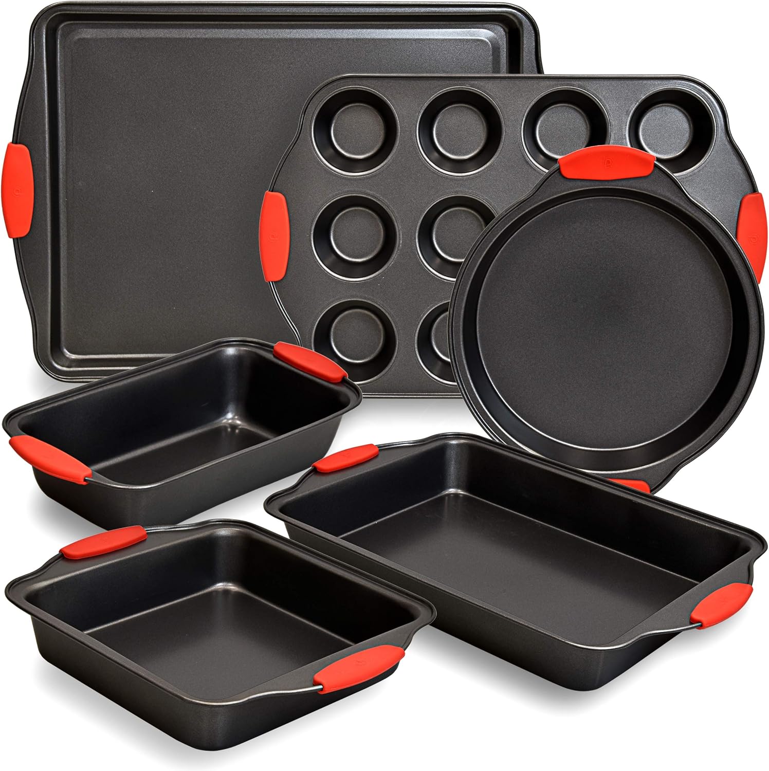 PERLLI 6 Piece Baking Pan Set Nonstick Carbon Steel Oven Bakeware Kitchen Set with Silicone Handles, Cookie Sheet, Cake Pans, Baking Trays, Cupcake Muffin Pan, 9x13 Roasting Pan, Loaf Pan Essentials: Kitchen & Dining