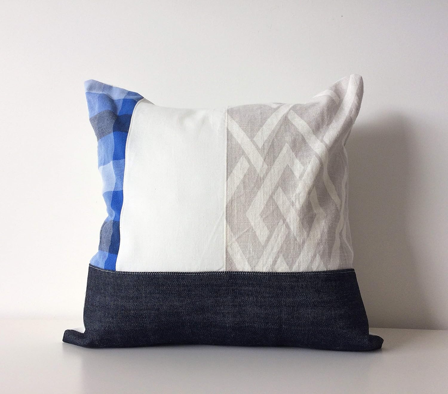 Handmade In Canada 16x16 Modern Patchwork Pillow Cover Shabby Chic Plaid Flannel Denim Navy Blue Lattice Pattern Braemore Designer Fabric Urban Contemporary Throw Cushion Cover Neutral Colours Colour Pattern