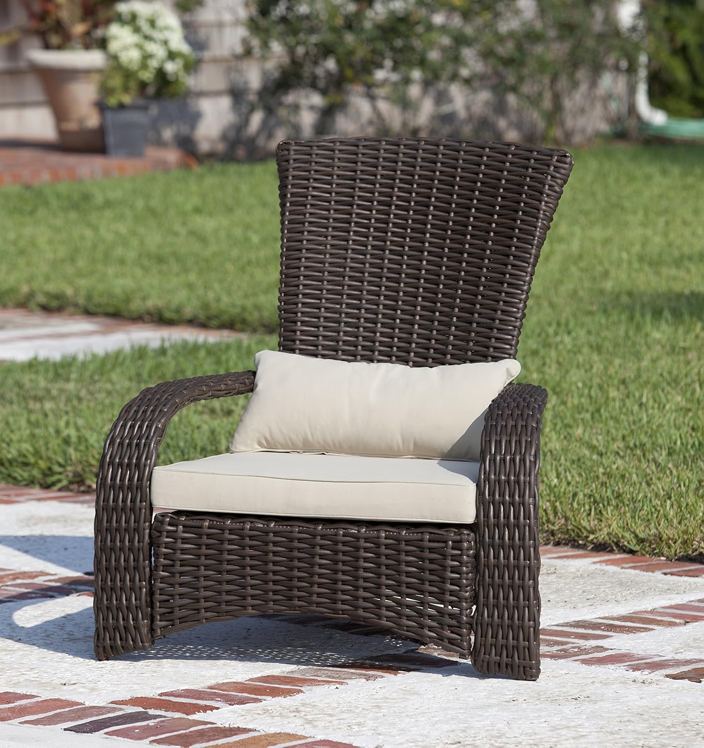 Patio Sense Deluxe Coconino Wicker Chair | All Weather Wicker | Beige Cushion and Lumbar Pillow | Adirondack Style Armchair | For Porch, Lawn, Garden, Backyard, Balcony, Deck, Pool, Indoor, Outdoor |: Home & Kitchen