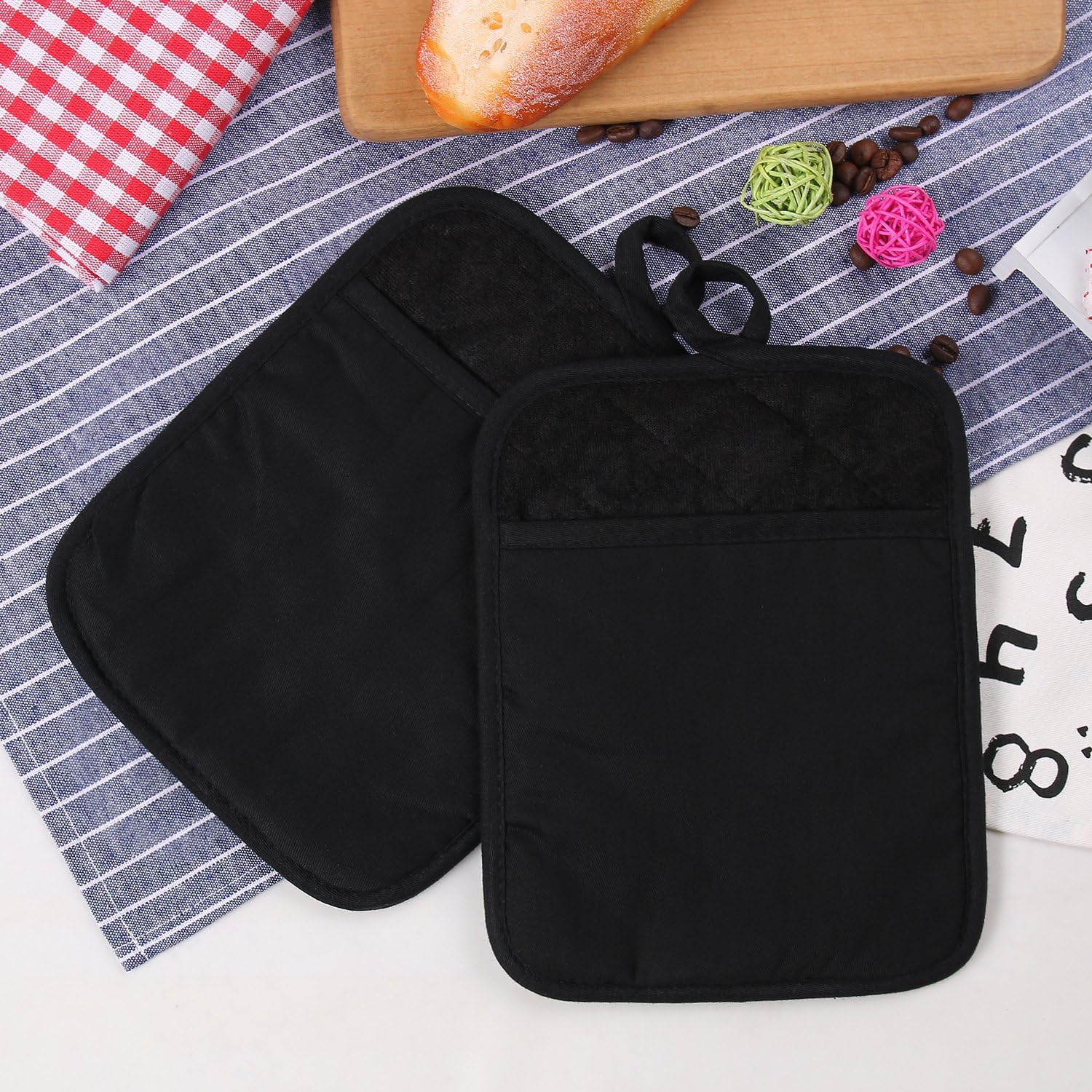 100% Cotton with Silicone Kitchen Everyday Basic Pot Holder Heat Resistant Coaster Potholder Oven Mitts with Pocket for Cooking and Baking Set of 2 Black: Home & Kitchen
