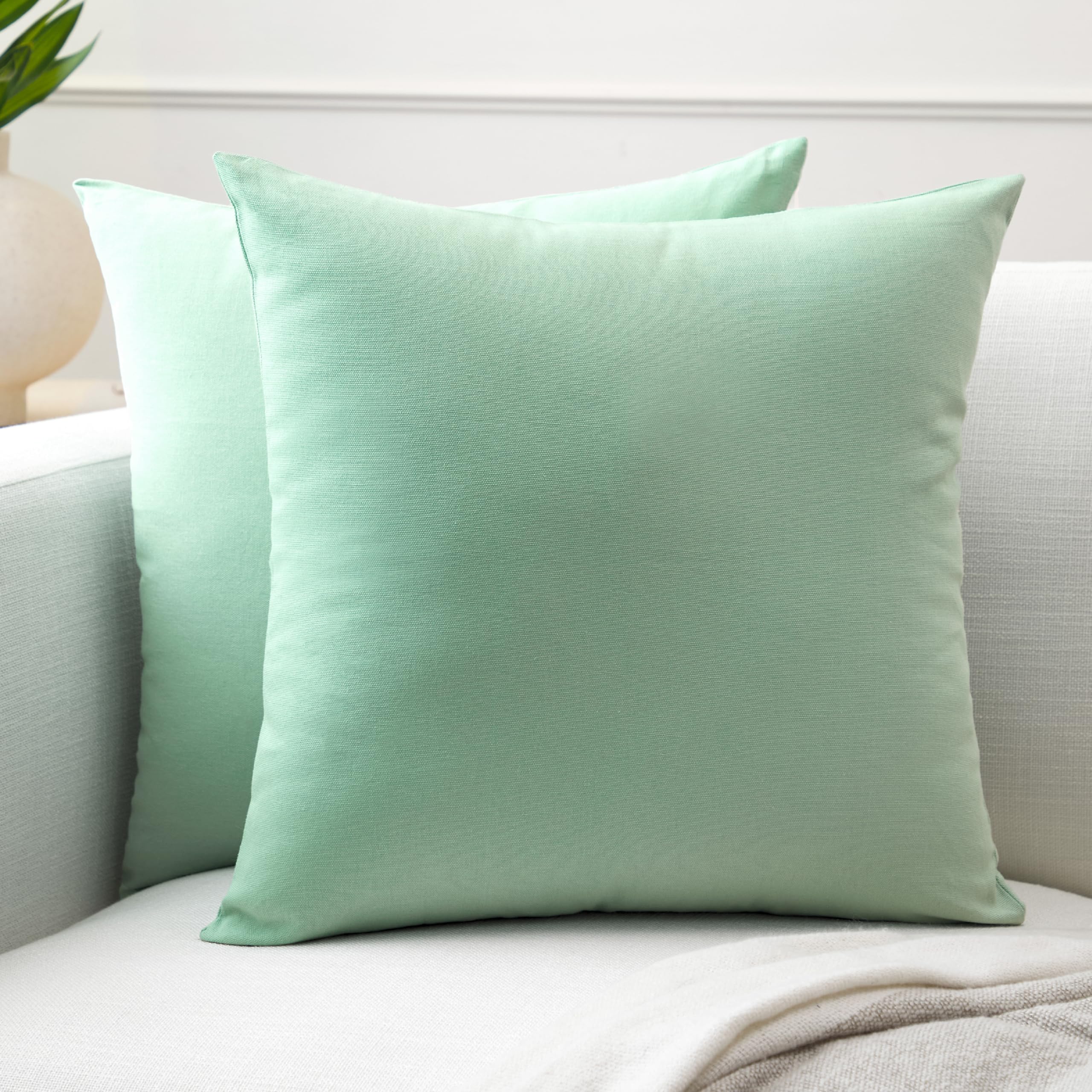 Encasa XO Cotton Throw Pillow Covers Set of 2 I 18x18 in (45x45 cm) - Mint Green I No Insert I Plain Square Pillowcases I Machine Washable | Indoor Use Only