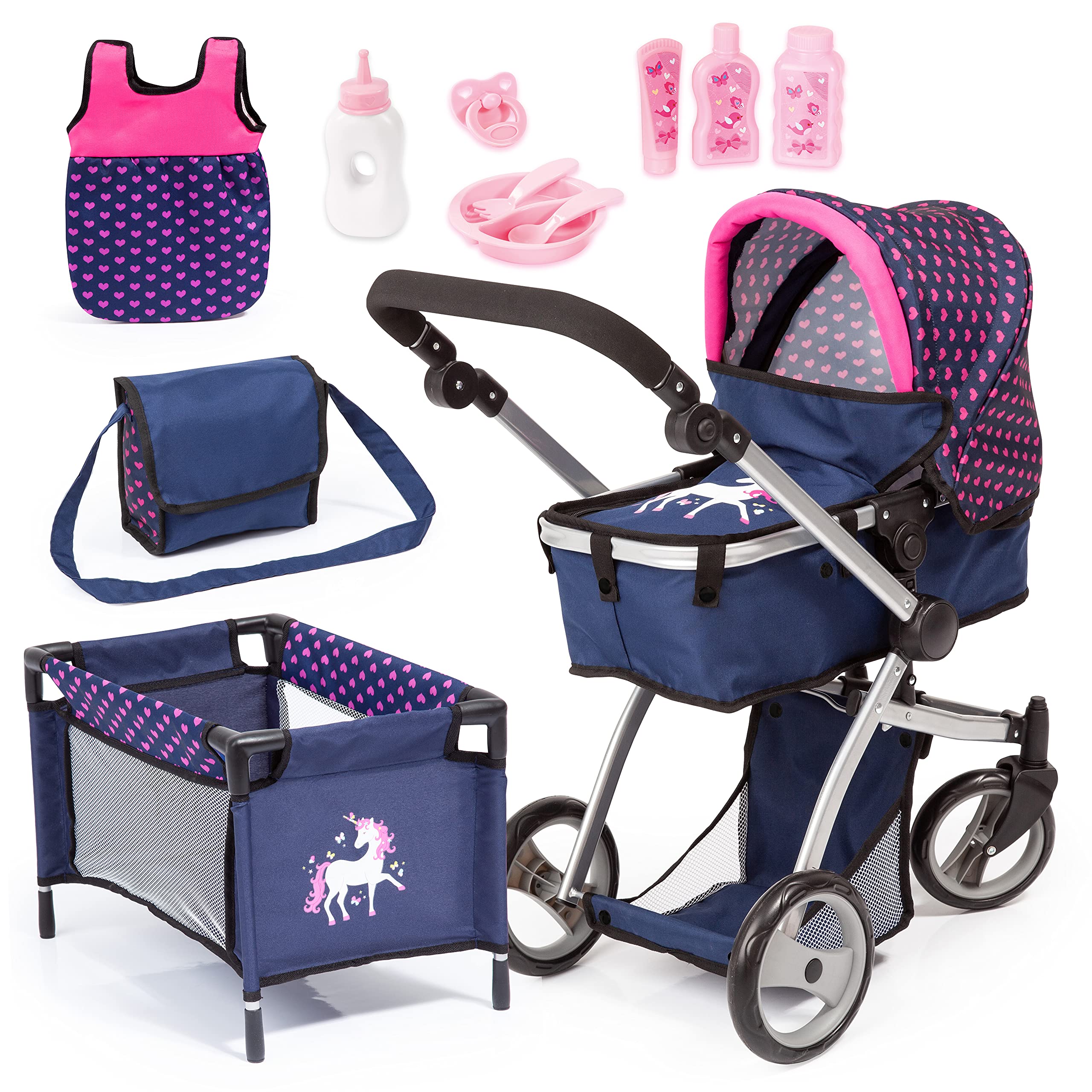 Bayer Design 18354AC Huge pram Jogger Sport, Dolls Stroller, Height Adjustable, Mega Set with Lots of Accessories, Travel Bed, Shoulder Bag and Much More,Blue, Pink, Unicorn,67x 36 x 74 cm