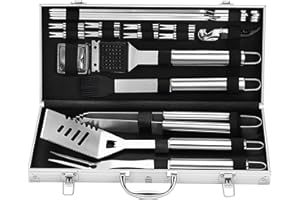 grilljoy 20PCS Heavy Duty BBQ Grill Tools Set - Extra Thick Stainless Steel Spatula, Fork& Tongs. Complete Barbecue Accessories Kit in Aluminum Storage Case - Perfect Grill Gifts for Men