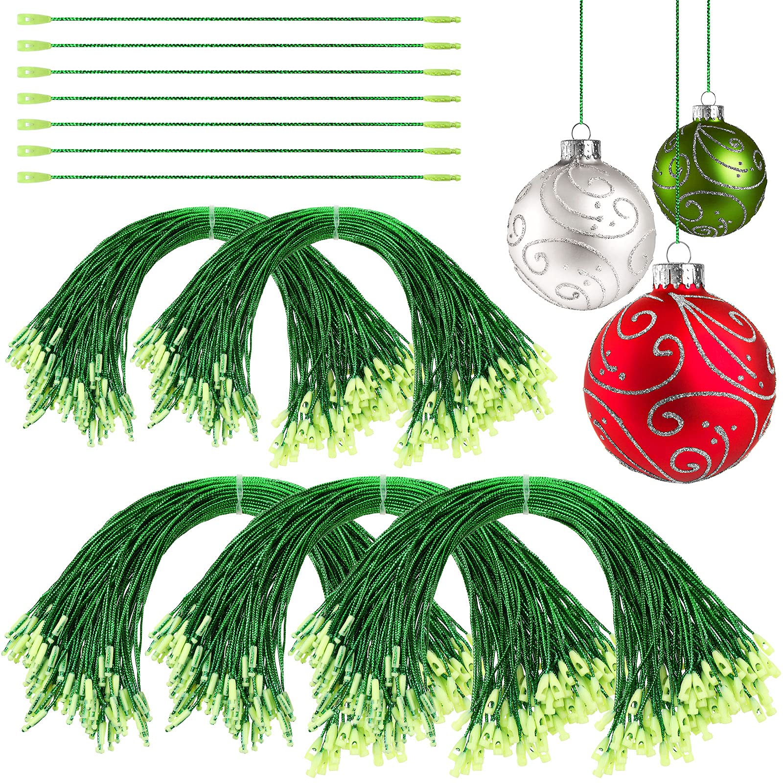 Nuanchu 500 Pieces Christmas Ornament Hangers Strings with Snap Fastener Ribbon Hooks for Christmas Trees Precut Locking Ornament Strings for Xmas Holiday Party Hanging Decorations(Green)