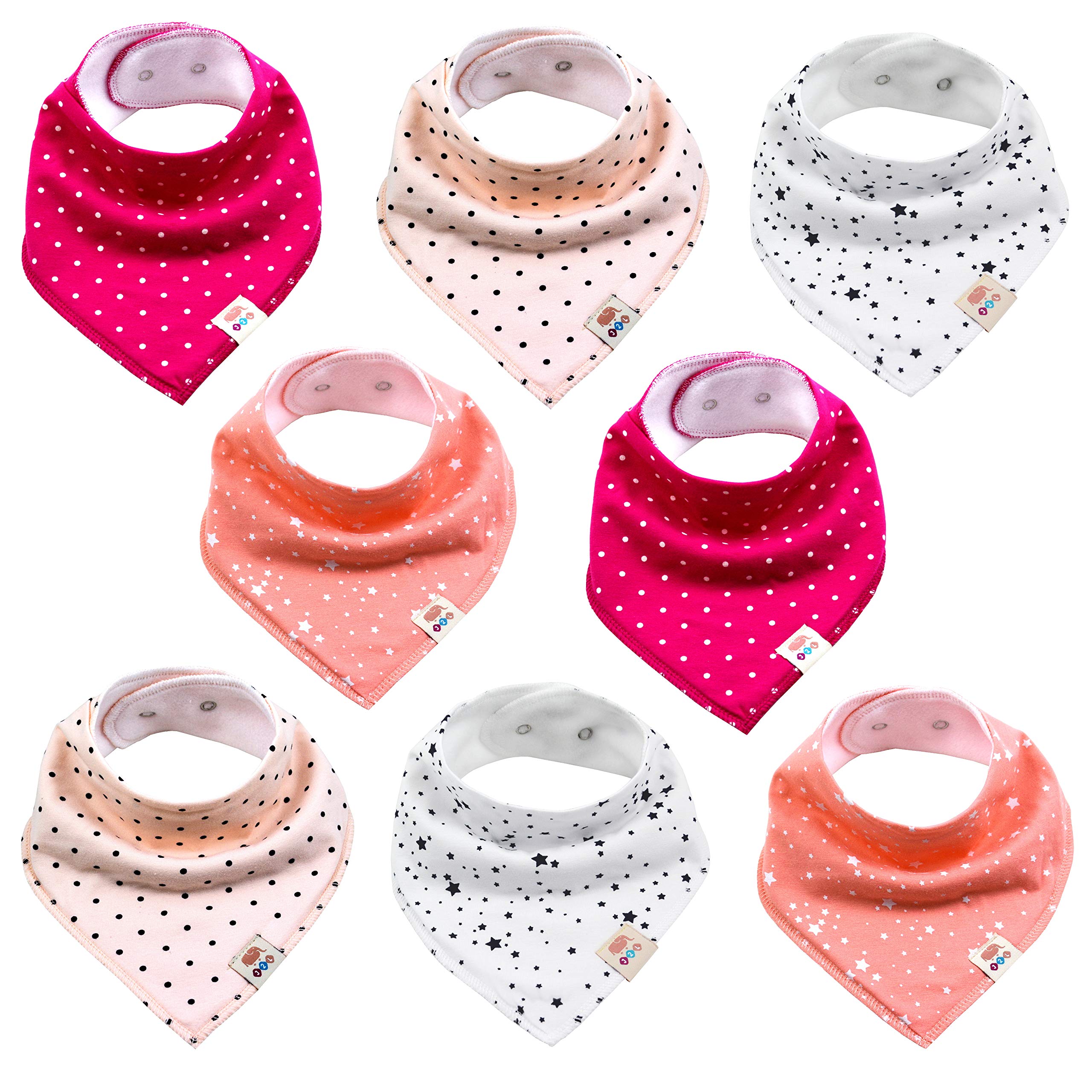 Baby Triangular Scarves Pack of 8 Cute Unisex Cotton with Adjustable Poppers Burp Cloth Bib for Toddlers Boys and Girls (Set Girls)