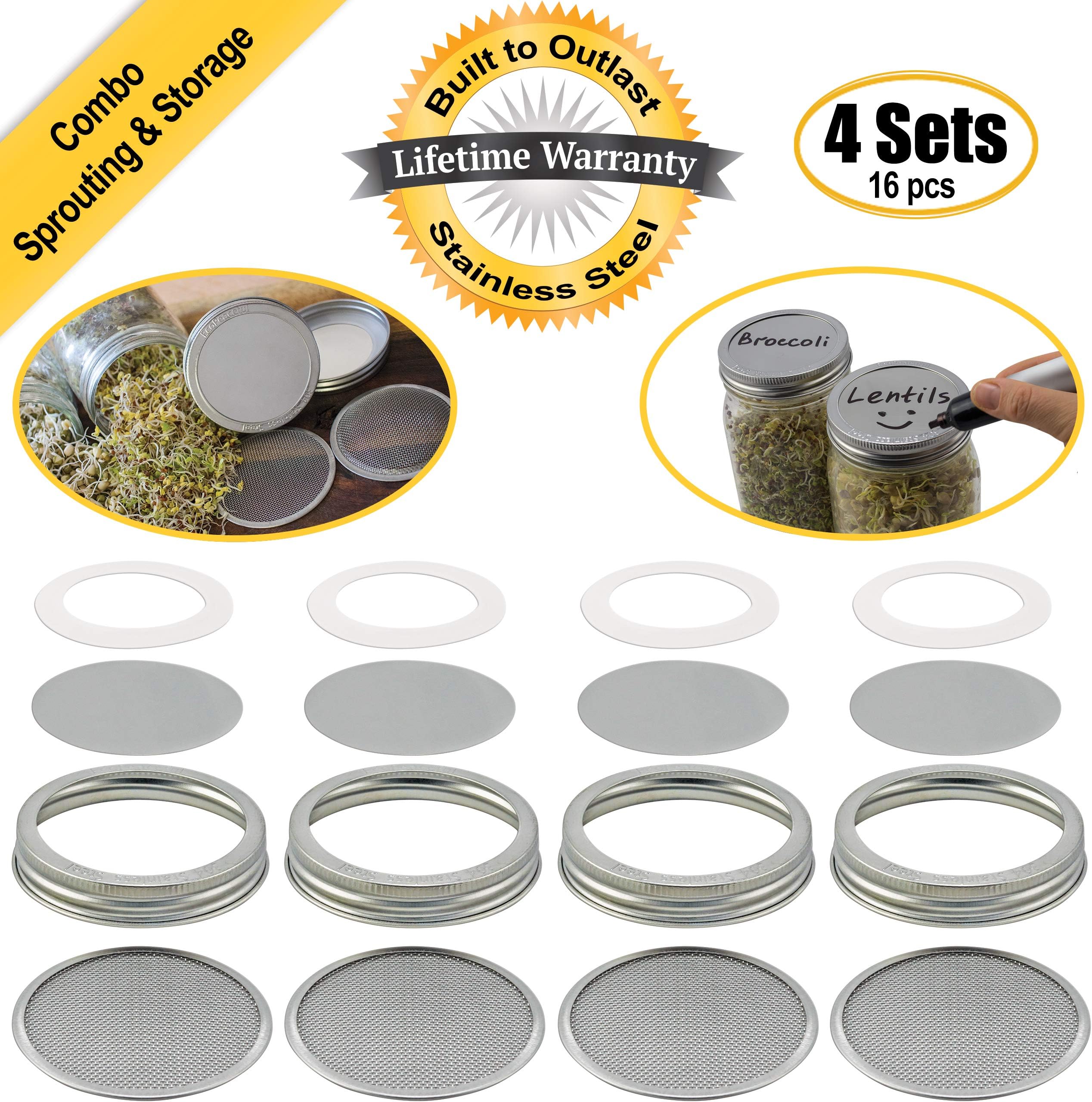 4 Sets: 2-in-1 COMBO Stainless Steel Storage & Sprouting Lids - 4 Flat Mesh Screens, 4 Solid Insert Lids, 4 Bands, 4 Silicone Seals. Rust-free, BPA-free. Fits Wide Mouth Mason Jars Kerr or Ball