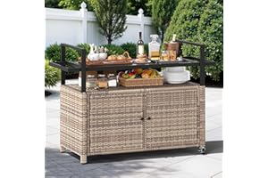 DWVO XL Outdoor Storage Cabinet,Patio Storage Table with Glass Top, Bar Table with Wheels,Outdoor Bar Cart for Patio, Poolside and Backyard,Light Brown