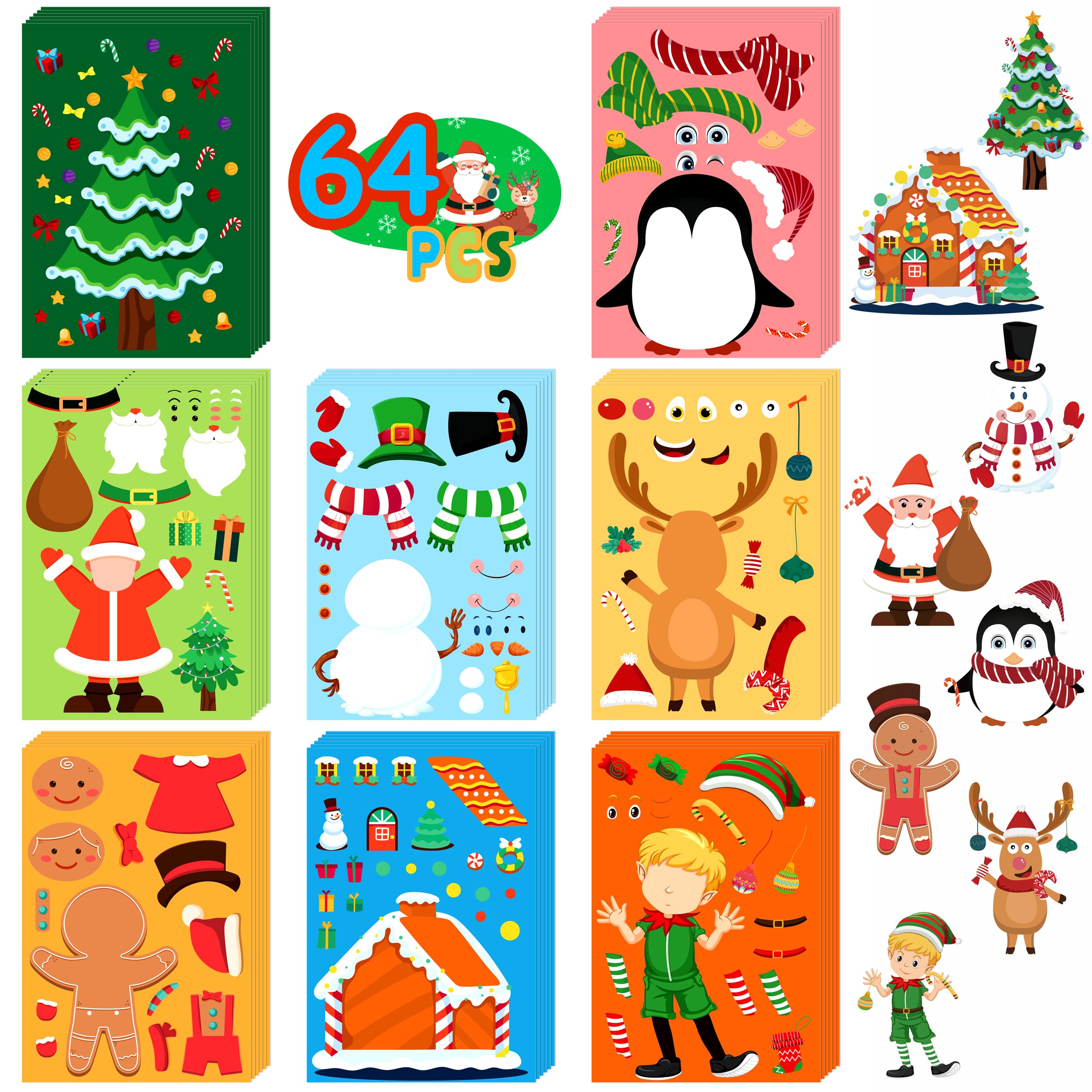 64 Sheets Christmas Stickers Crafts for Kids Toddlers, Make Your Own Stickers, Goodie Treat Bag Stocking Stuffers, Game Activities, Party Favors