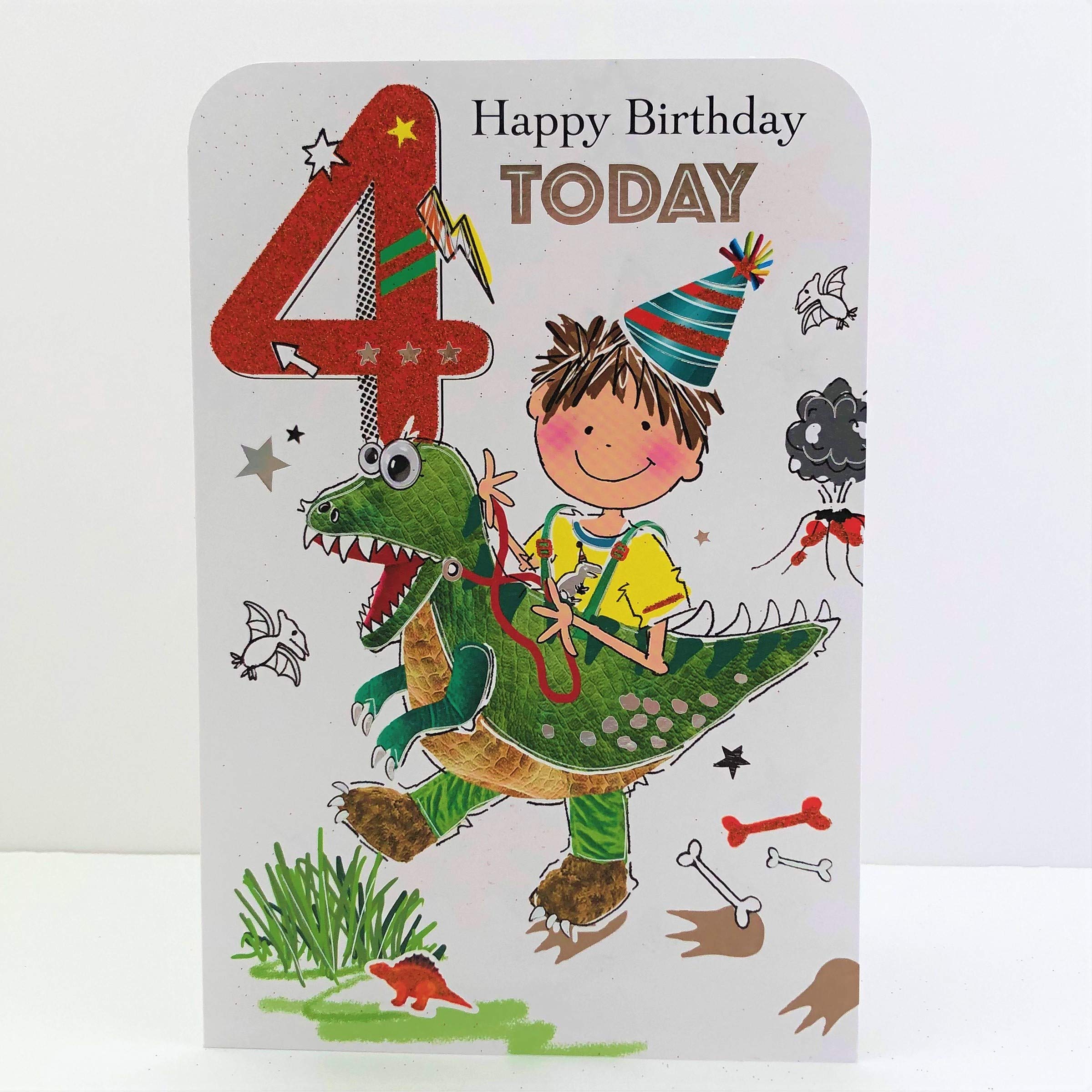Jonny Javelin Boy Age 4 Birthday Card - Dinosaur