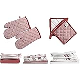 Salt Earth Kitchen Towels and Dishcloths Sets, 20 Pc Kitchen Essentials for New Home, Heat Resistant Oven Mitts & Pot Holders, Absorbent Flour Sack Dish Towels, Apron- Pink