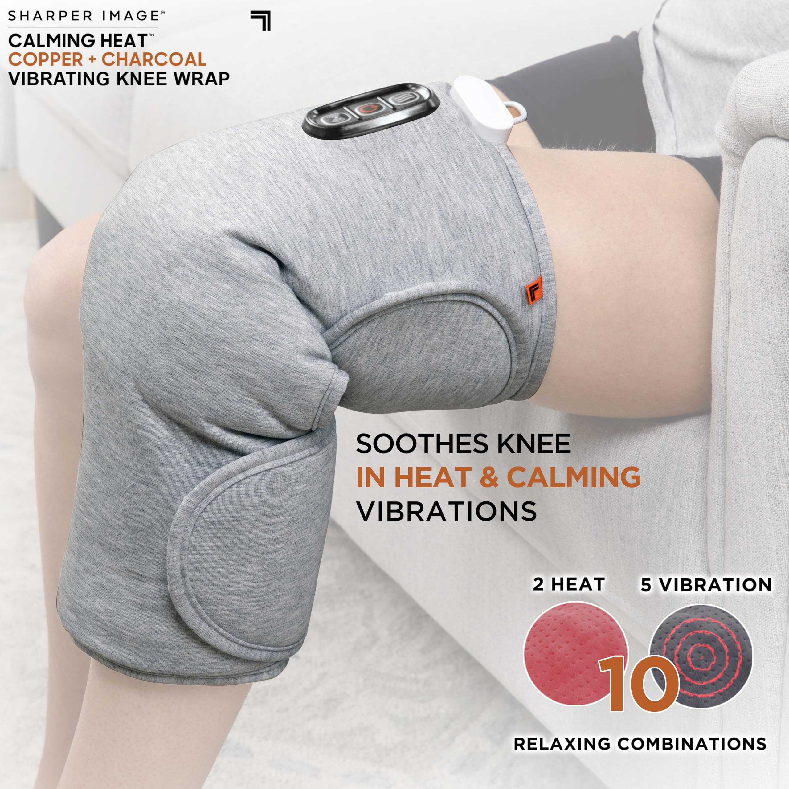 Calming Heat Knee Wrap by Sharper Image Personal Electric Heating Pad with Copper & Charcoal; Vibrations, 2 Heat & 5 Vibrating Massage Settings for 10 Relaxing Combinations