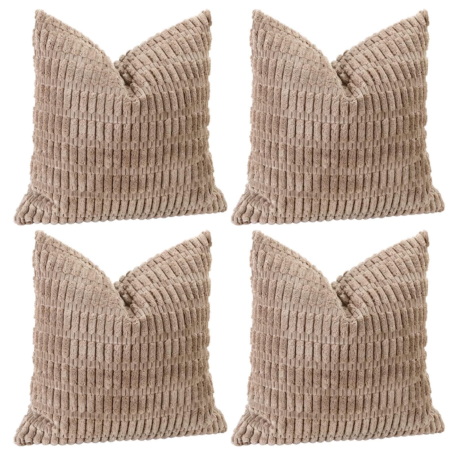 Sungeek Set of 4 Soft Corduroy Decorative Cushion Covers 45x45cm, Square Striped Throw Pillow Covers 18x18 Inch for Sofa Couch Bedroom Living Room Farmhouse, Boho Home Decor Pillowcases (Khaki) โ image 1