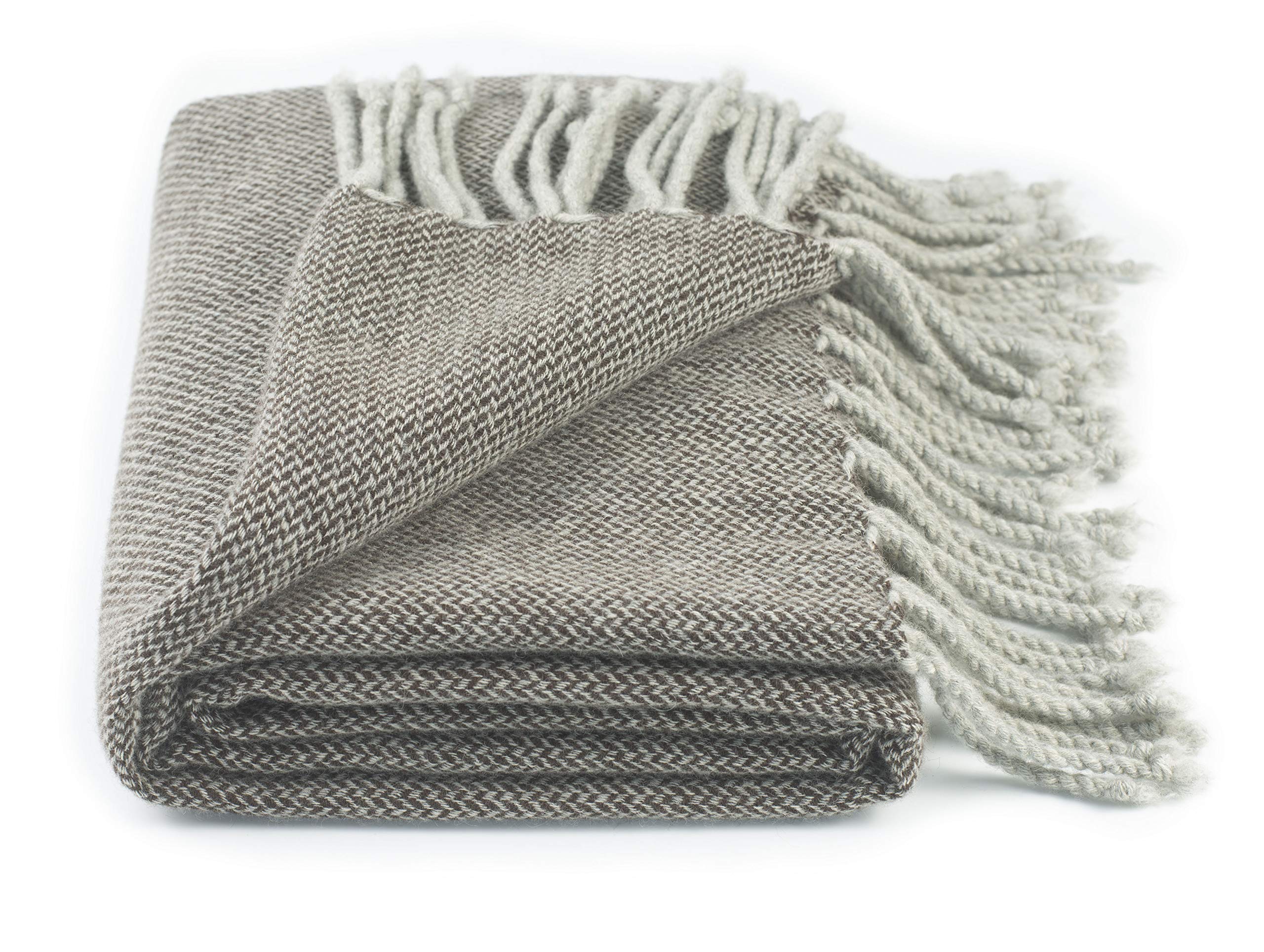Reality & Fantasy 100% Lambs Wool Blanket 54" X 63" Brown and Light Grey Herringbone Lightweight All Season Use for Couch Outdoor Bed Travel Machine Washable