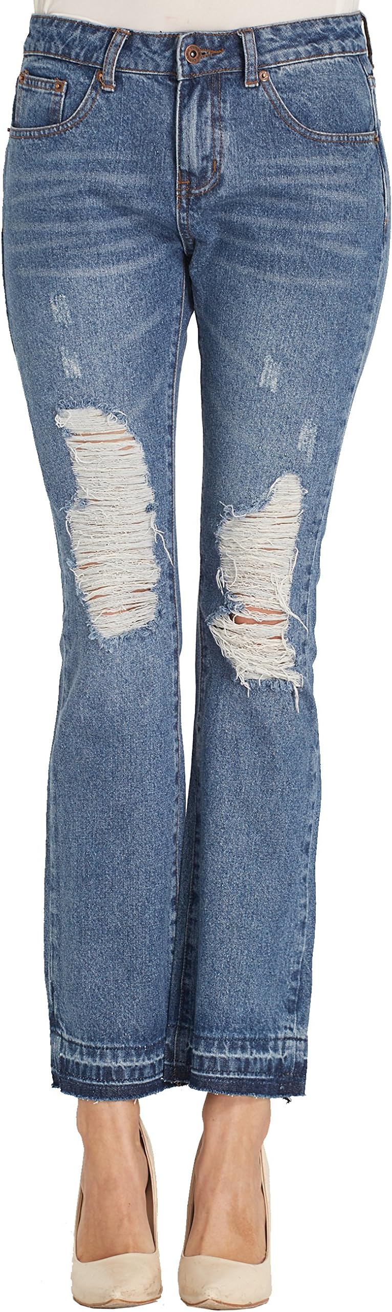 Camii Mia Women's Mid Rise Regular Fit Destroyed Ripped Flared Jean