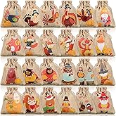 Shappy 24 Pcs Thanksgiving Burlap Bags with Turkey and Pumpkin Pattern Thanksgiving Treat Pouch with Double Jute Drawstrings 3.9 x 4.7 Inch Mini Burlap Bags for Autumn Harvest Holidays Party Favor