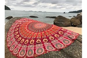 raajsee Red Round Beach Tapestry Hippie/Boho Beach Blanket Mandala/Indian Cotton Throw - Round Tablecloth/Home Decor/Indie Rug Yoga Mat Meditation Picnic Rugs 178 CM / 70 INCHE Circle