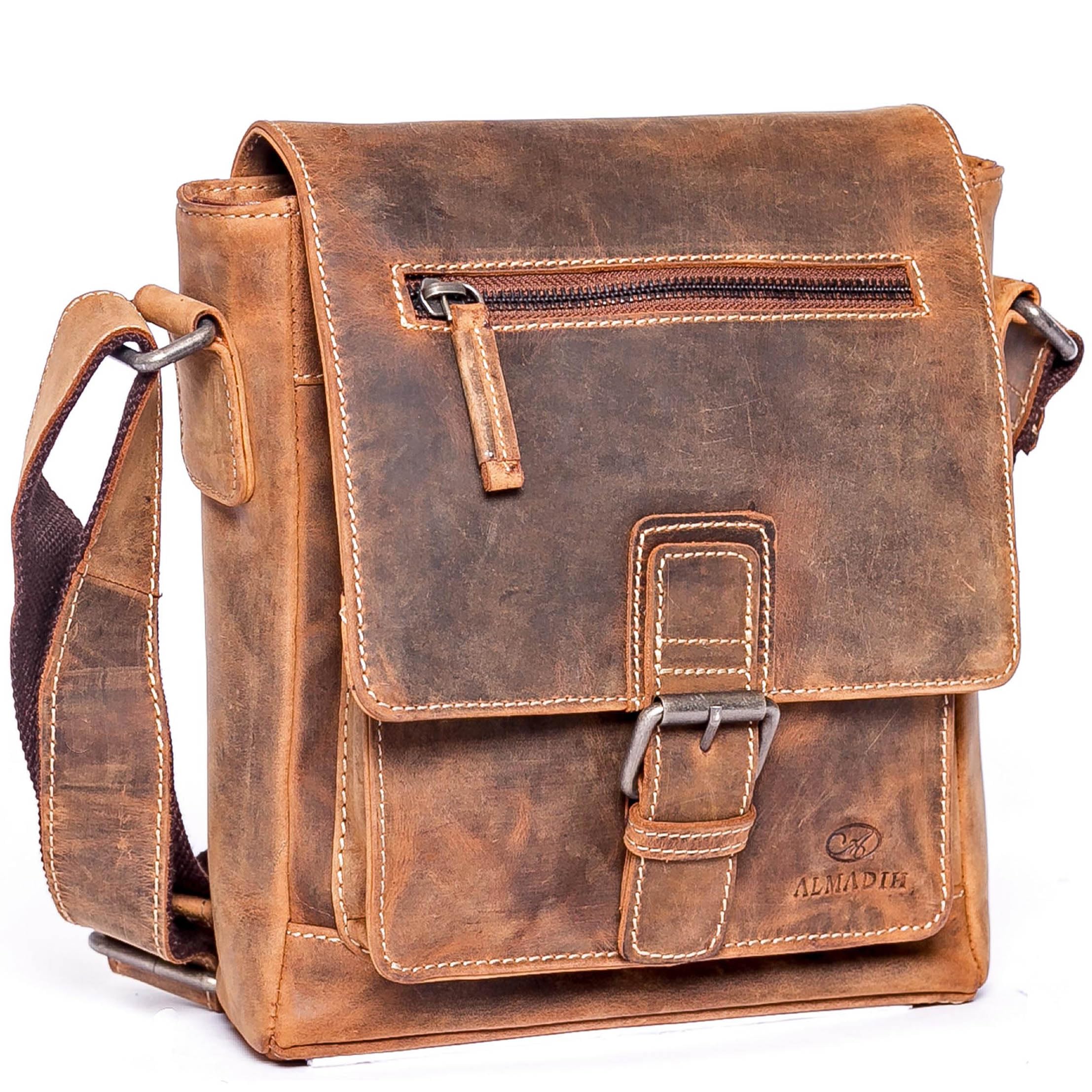 ALMADIH Luis Leather Shoulder Bag Premium Cowhide Leather - Compact Messenger Shoulder Bag Leisure Bag City Bag Tablet Small Medium Men Women Unisex 21x24x6 cm brown (LUIS vintage)