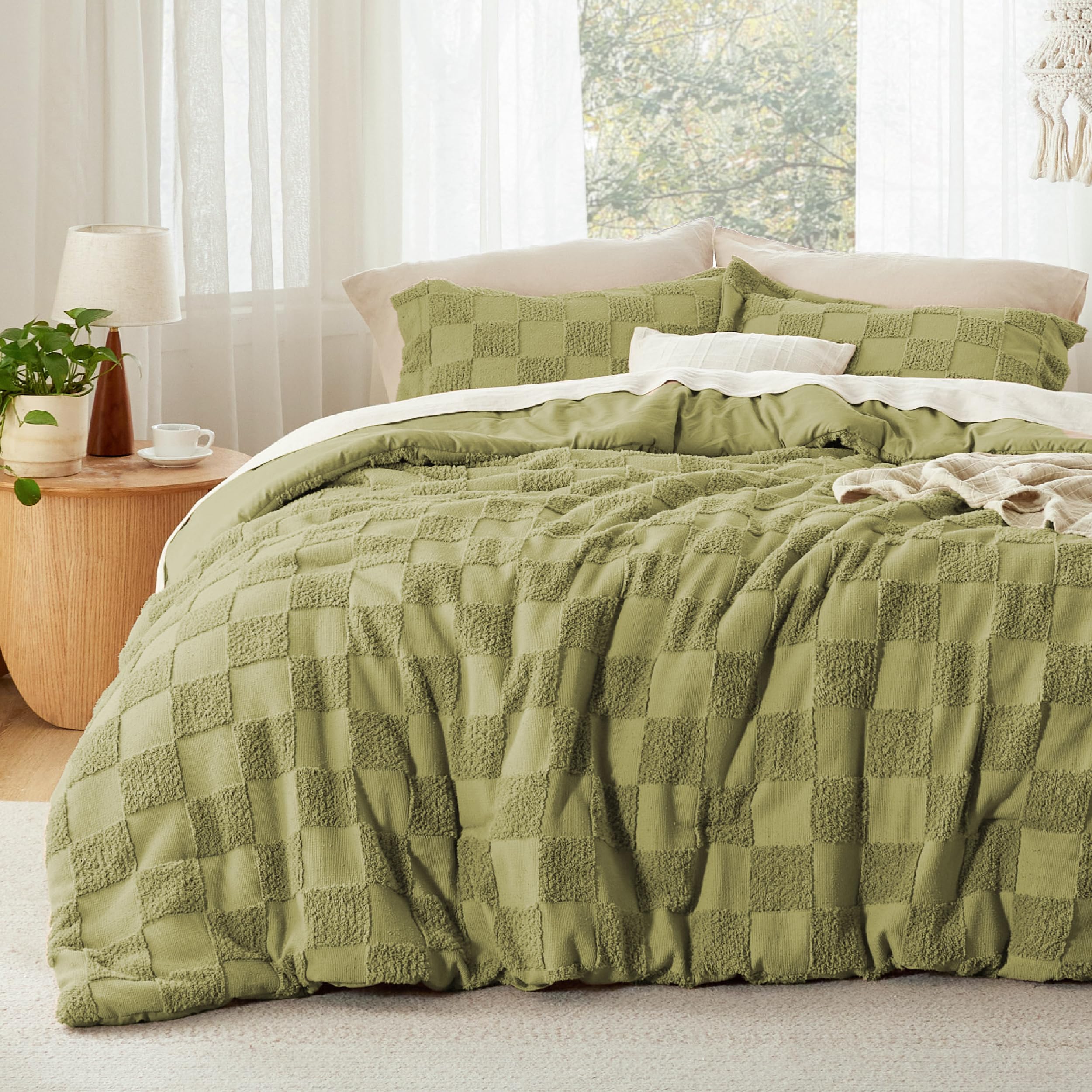 Photo 1 of Bedsure Twin/Twin XL Comforter Set Olive Green, Boho Tufted Bed Set, Checkered Farmhouse Shabby Chic Bedding, 2 Pieces, 1 Plaid Geometric Comforter and 1 Pillow Sham