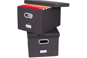 Internet's Best Collapsible File Storage Organizer with Lid - Decorative Linen Filing & Storage Office Box – Hanging Letter/Legal Folder – Home Office Bins Cabinet – Charcoal Container - 2 Pack