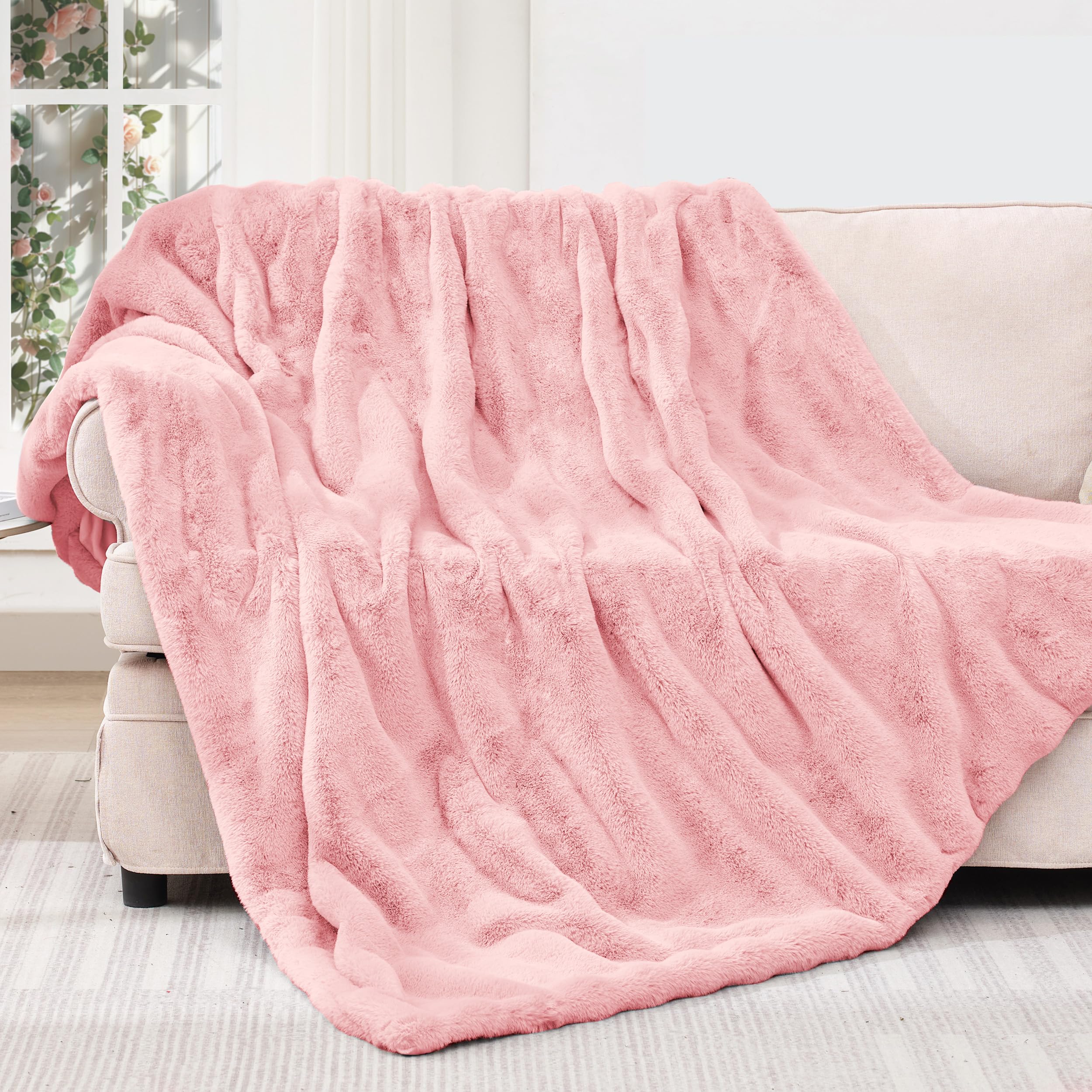 Touchat Luxury Faux Rabbit Fur Throw Blanket for Couch,Super Heavy Warm Cozy Blanket for Sofa Bedroom Living Room,Ultra Soft Fluffy Reversible Plush Blanket for Home Decor Gifts,Pink Image