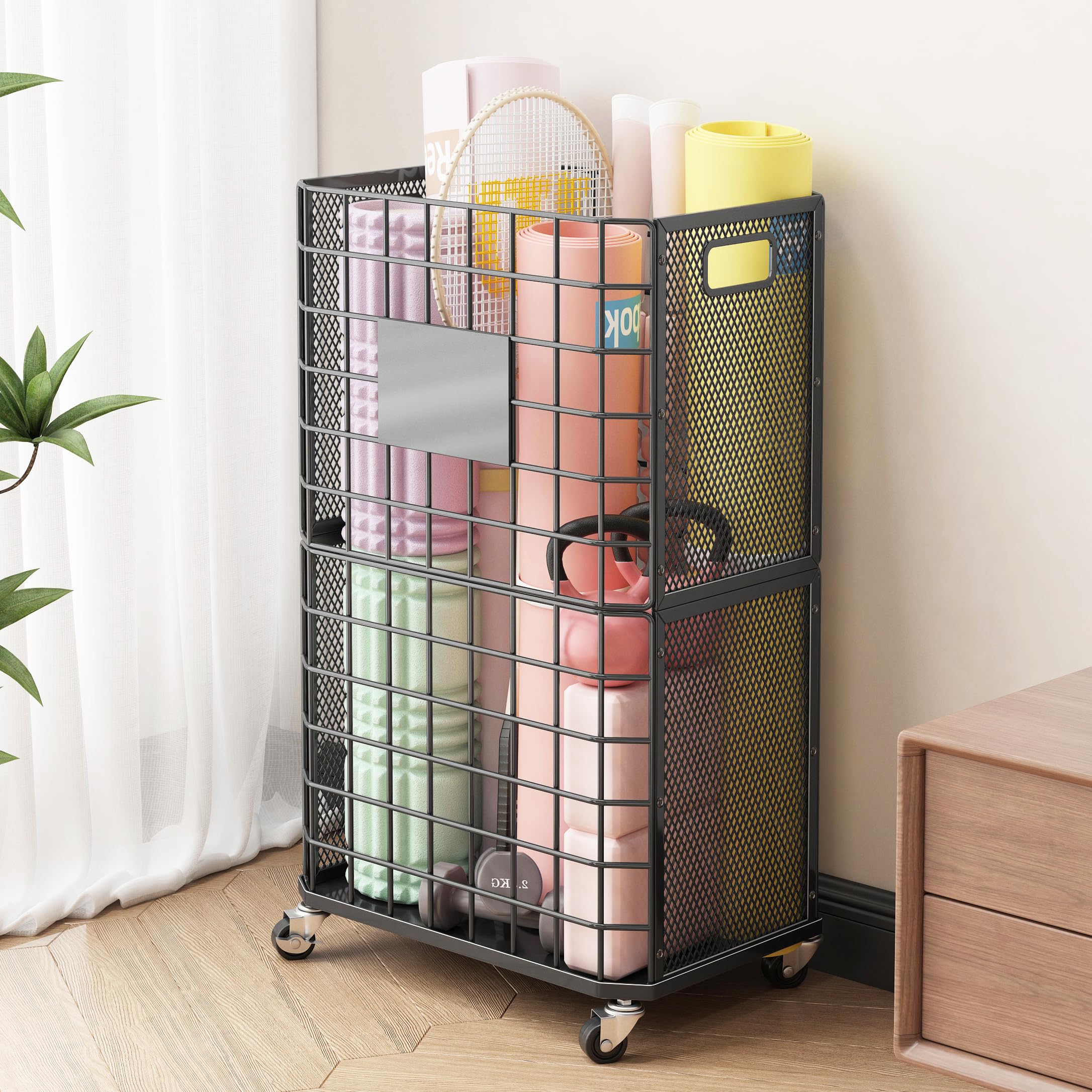 Photo 1 of UMDONX Yoga Mat Storage Rack with Wheels – Metal Rolling Organizer Basket with Handles, Breathable Mesh Steel Rack for Yoga Mats, Towels, Blankets, Black