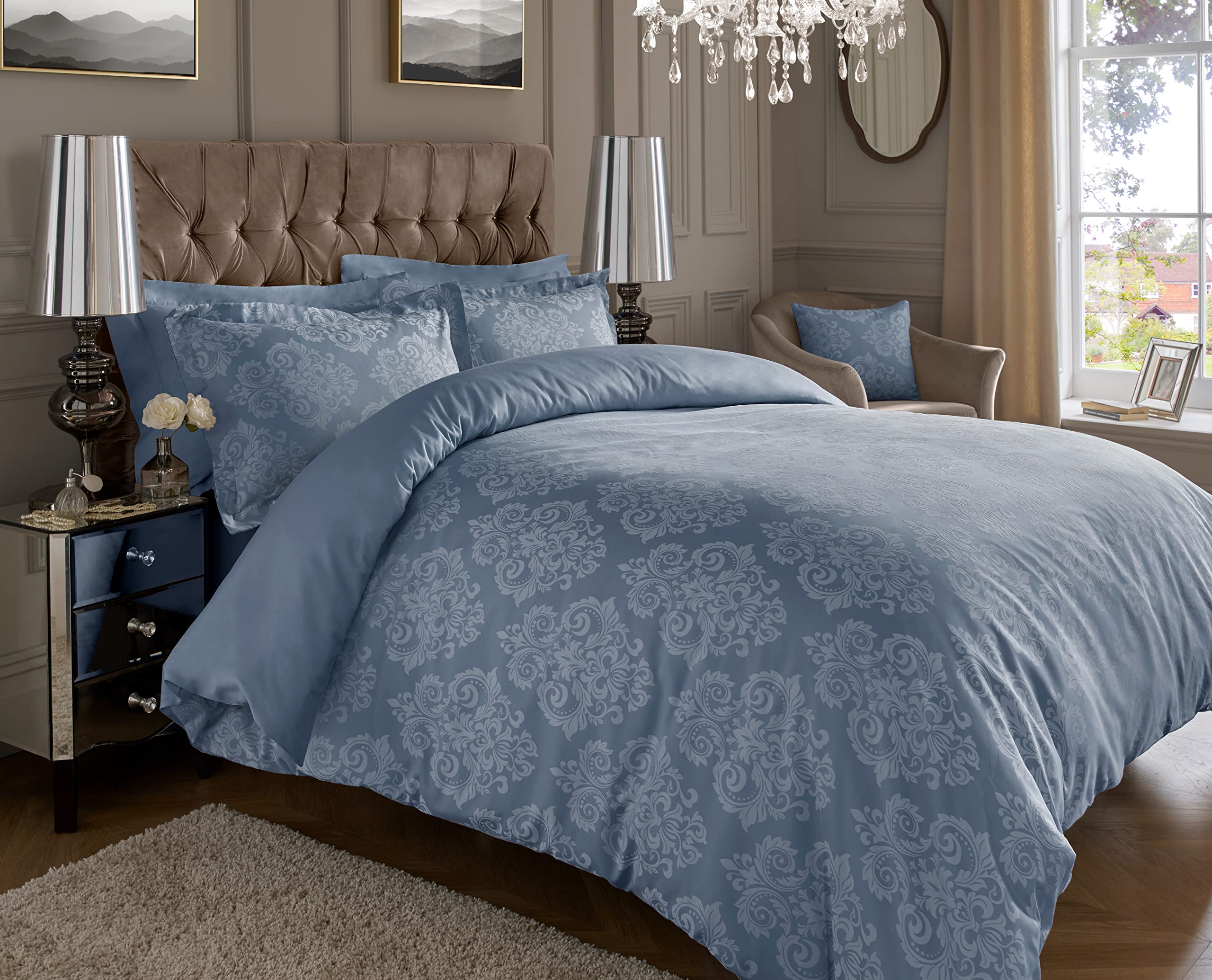 ED Luxury 600 Thread Count Jacquard Duvet Cover 3 Piece Set | Super Soft Cotton Rich & Warm Bedding | Damask Pattern Quilt Cover (King, Blue Damask)